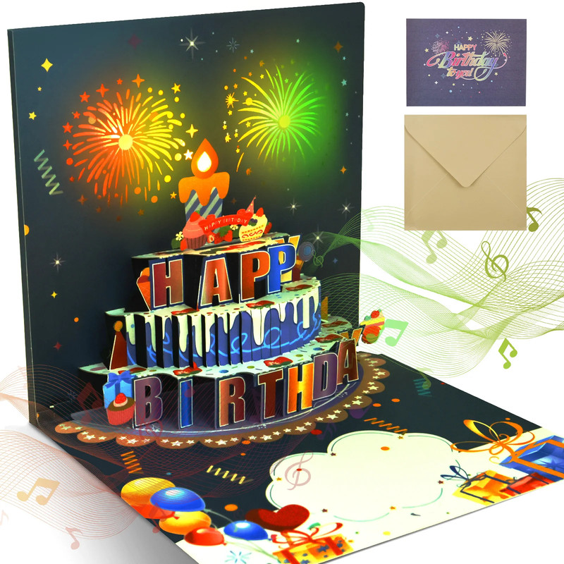 3D Light Music Birthday Card Pop up Happy Birthday Card Fireworks Birthday Greet