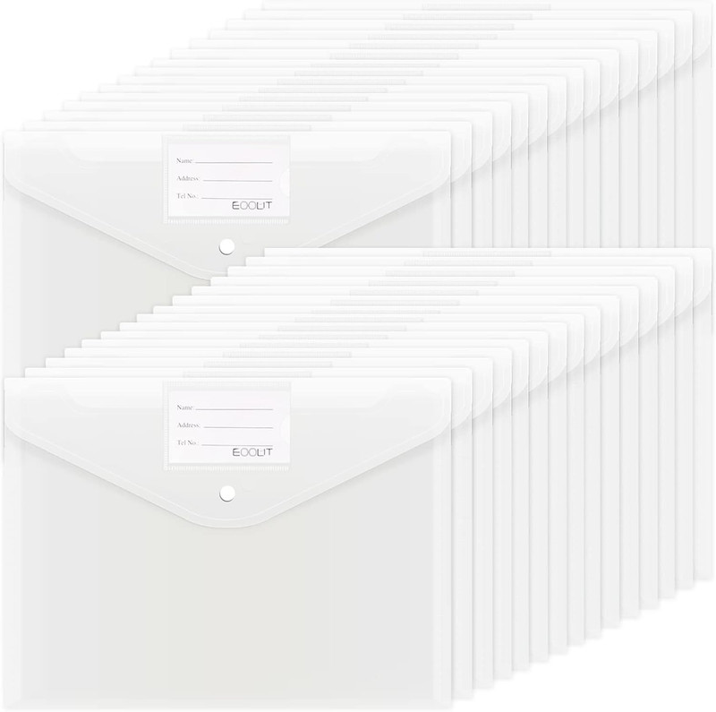 30Pcs Plastic Envelopes, Clear Envelopes with Snap Closure, Document Folders Let