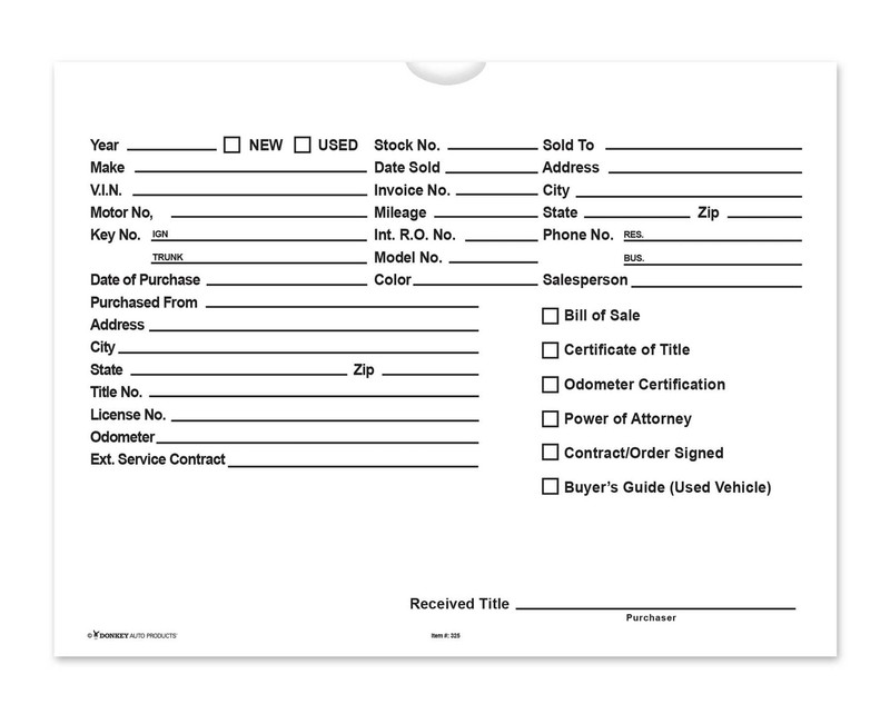 Printed Vehicle Deal Envelopes 9×12 Deal Jackets (100 shrink wrapped) (White)