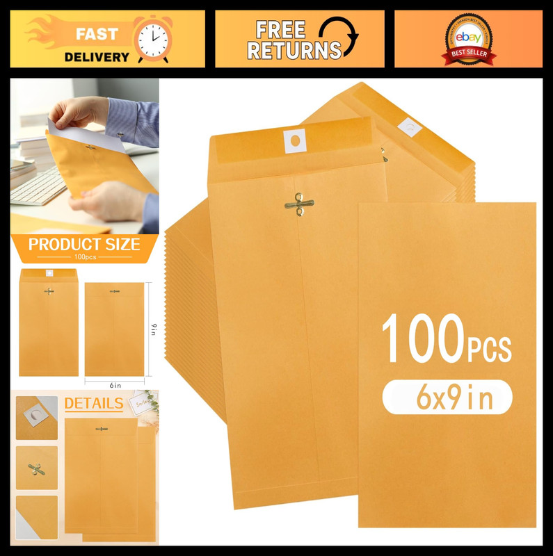100 Pcs 6×9 Inch Manila Envelopes with Clasp & Gummed Seal for Office, School, H