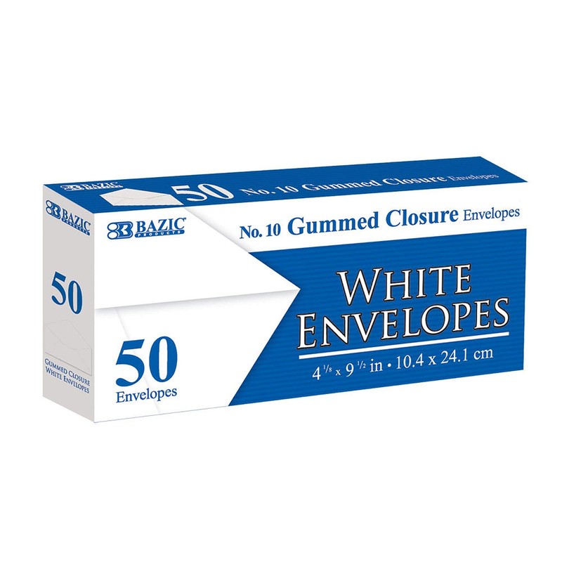 BAZIC #10 White Envelope w/Gummed Closure (50/Pack), Case Pack of 24