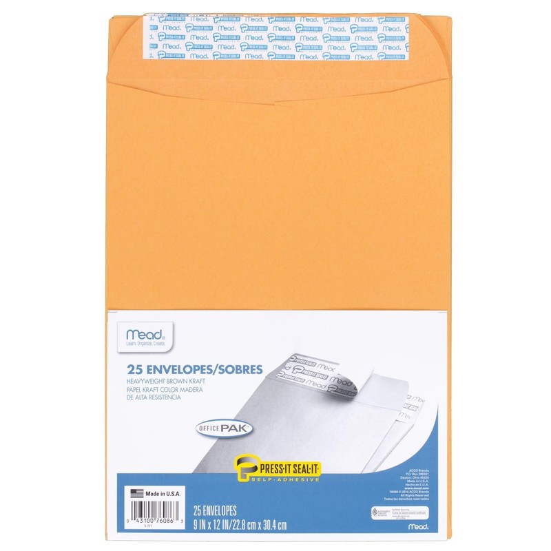 Mead Envelopes, Letter Size 9″ x 12″, Press-It Seal-It Self Adhesive Kraft