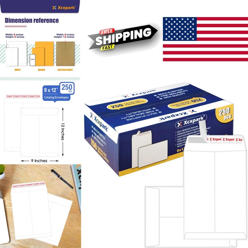 250 Count White Kraft Envelopes 9×12 Inches Self Seal for Document Security