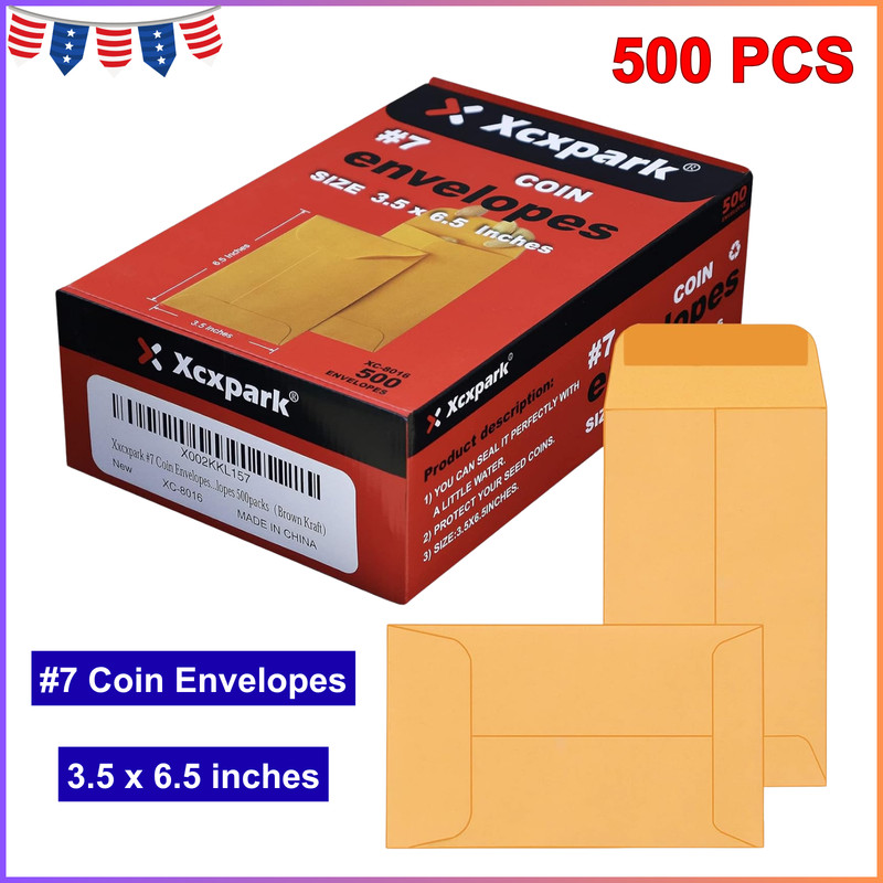 500 PCS #7 Coin Envelopes, 3.5 x 6.5 inches Brown Kraft Envelopes Classic Small