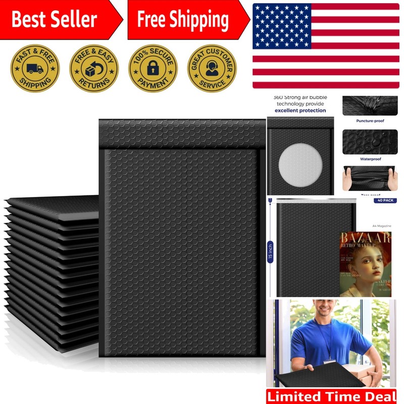Luxury Black Padded Envelopes – 10.5×16 Inches, 40 Pack for Business Needs