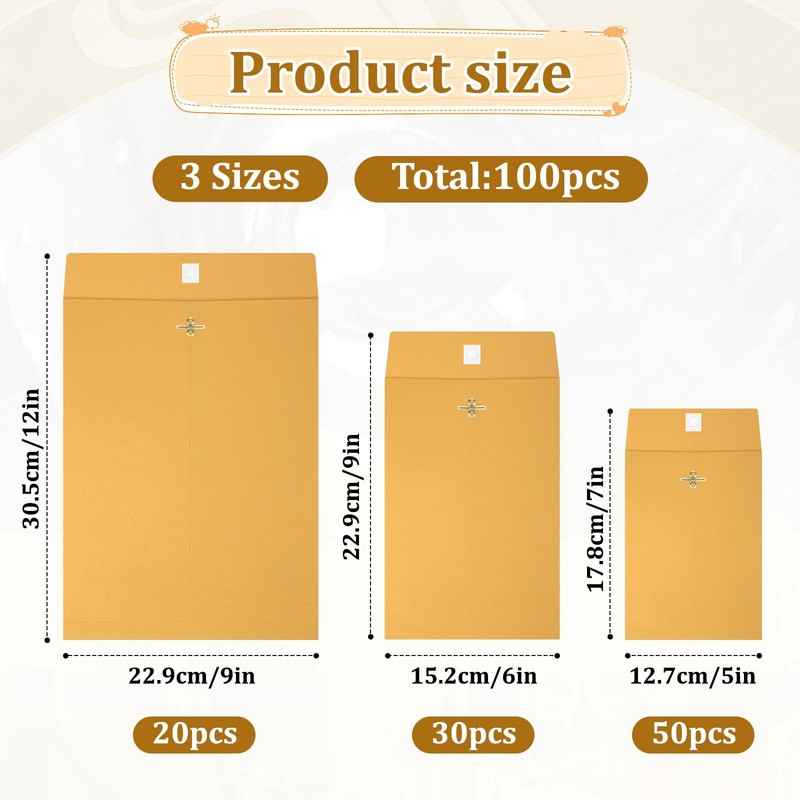 100 Pieces 3 Sizes Manilla Yellow Envelopes with Clasp Closure, Clasp Envelop... gallery