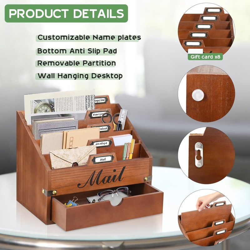 VOOTTOU Wood Mail Organizer Countertop w/ 4 Compartments & Drawer gallery