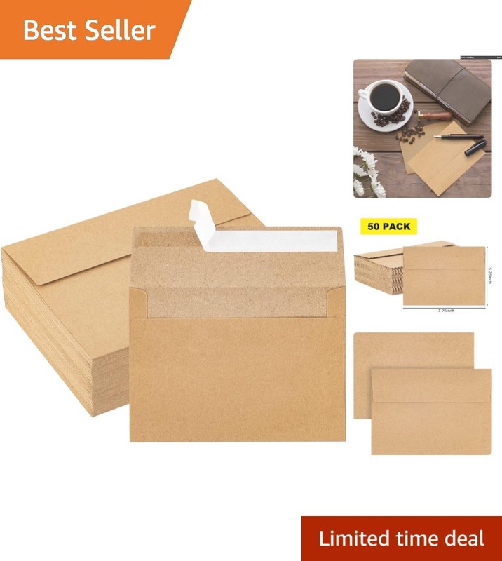 50 Pack Brown Kraft Paper Envelopes 5x7 Self-Sealing for Invitations & Postcards
