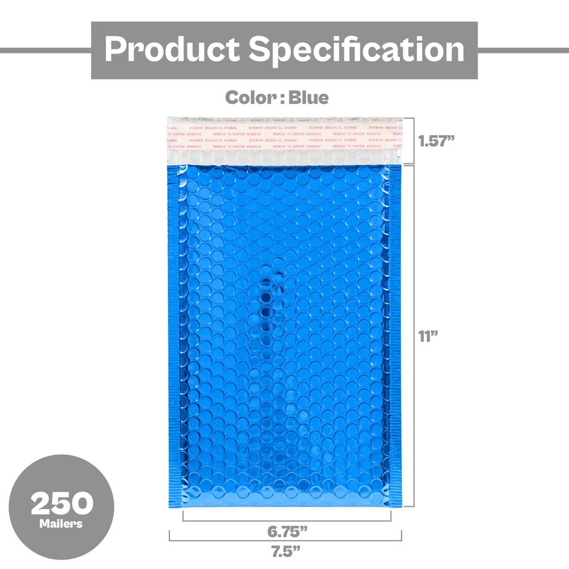 7.5 x 11 Glamour Metallic Blue Poly Bubble Mailers Padded Envelope 250 Pcs gallery