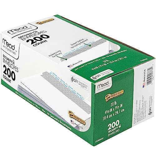 Mead Envelopes Letter Size #10 Security Tinted Envelopes Self Seal 4-1/8 x 9….