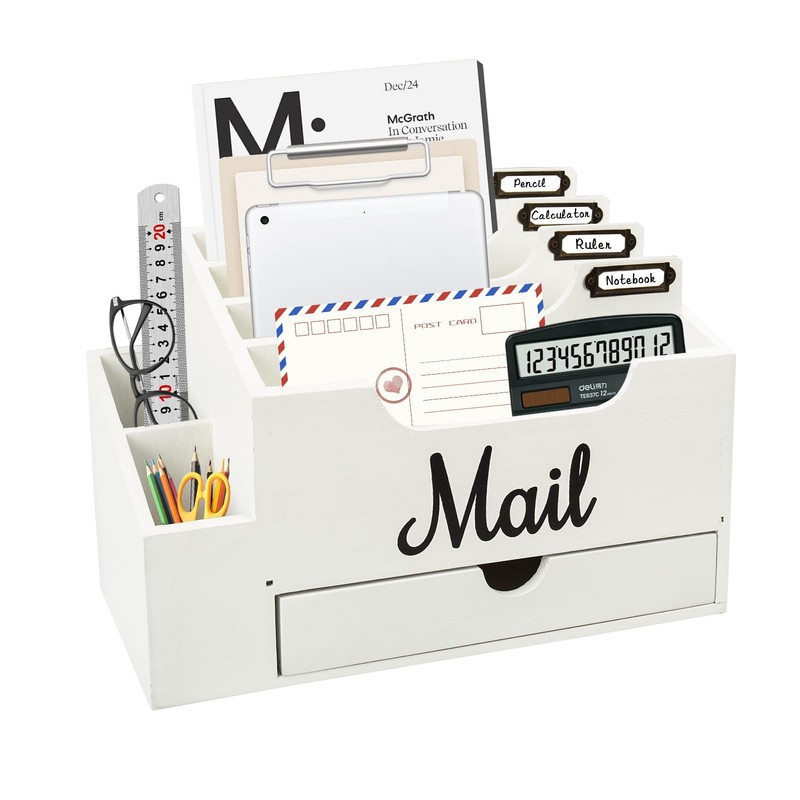 Niciksty Wood Desktop Mail Organizer, Organizer Countertop with 6 White