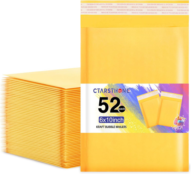 52Pack Yellow 6X10Inch Kraft Bubble Mailers Small Business Mailing Packages Self