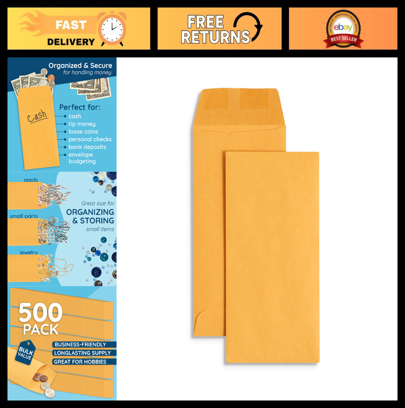 500 Pack #7 Coin Envelopes – Gummed Seal, 28 lb Brown Kraft, 3.5″ x 6.5″ for Coi