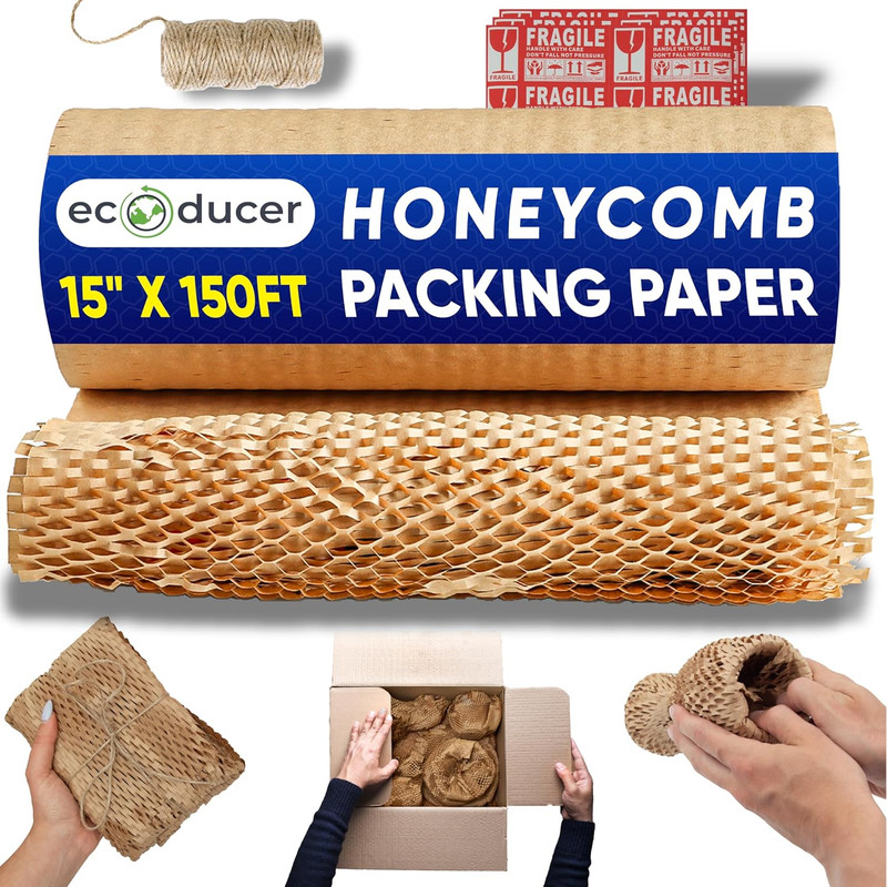 15”X150’ Honeycomb Packing Paper Moving Supplies with Fragile Stickers & Jute Tw