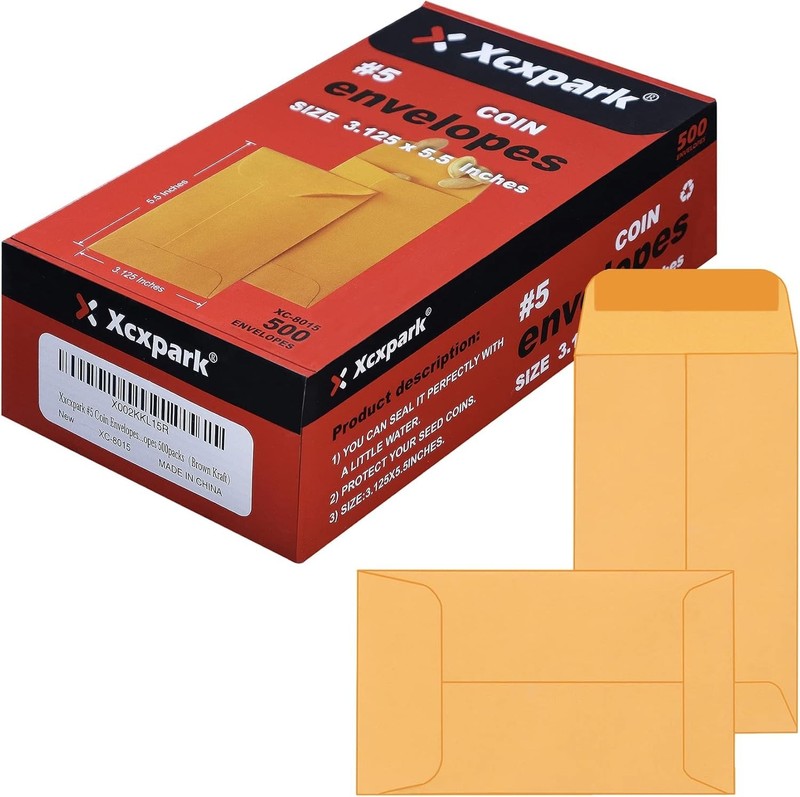 500 Coin Envelopes #5 Brown Kraft Small Part Envelopes 3.125 x 5.5 Inches Self