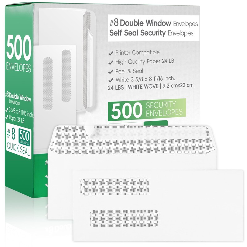 #8 Double Window Security Check Envelopes,500 Counts Self Seal...