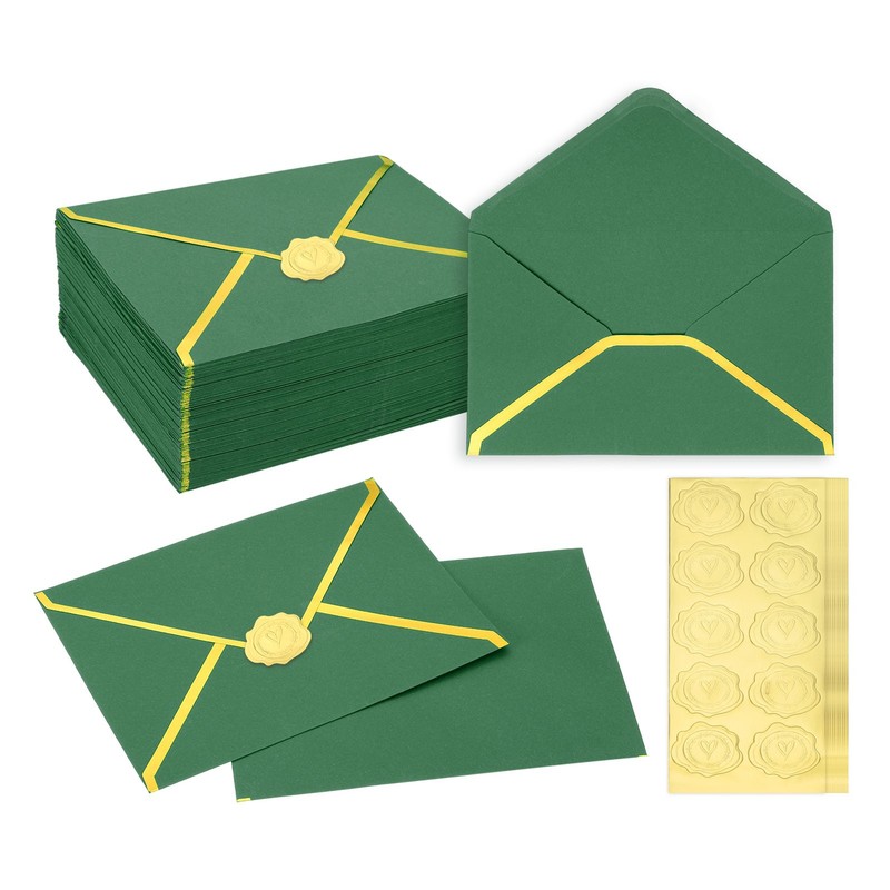 100 Pcs A7 7.3×5.3″ Gold Border Envelopes for Wedding Invitation, Dark Green