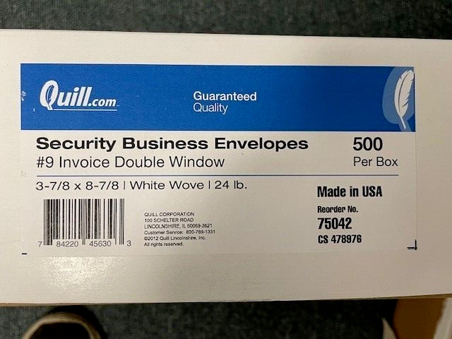 Quill Brand® 500/Box Gummed Security Tinted #9 Double Window Envelope 75042