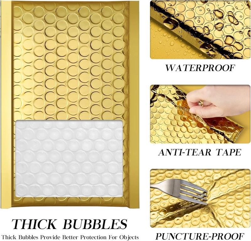 Gold Bubble Mailers 4x8" - 50 Pack Self-Sealing Waterproof Envelopes for Gifts gallery