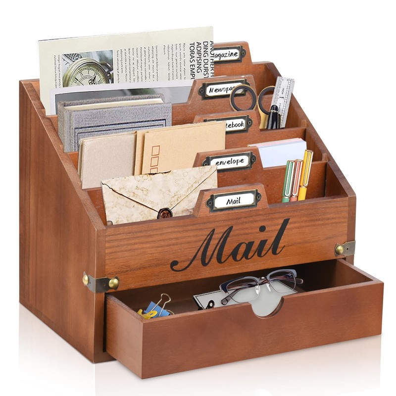 VOOTTOU Wood Mail Organizer Countertop w/ 4 Compartments & Drawer