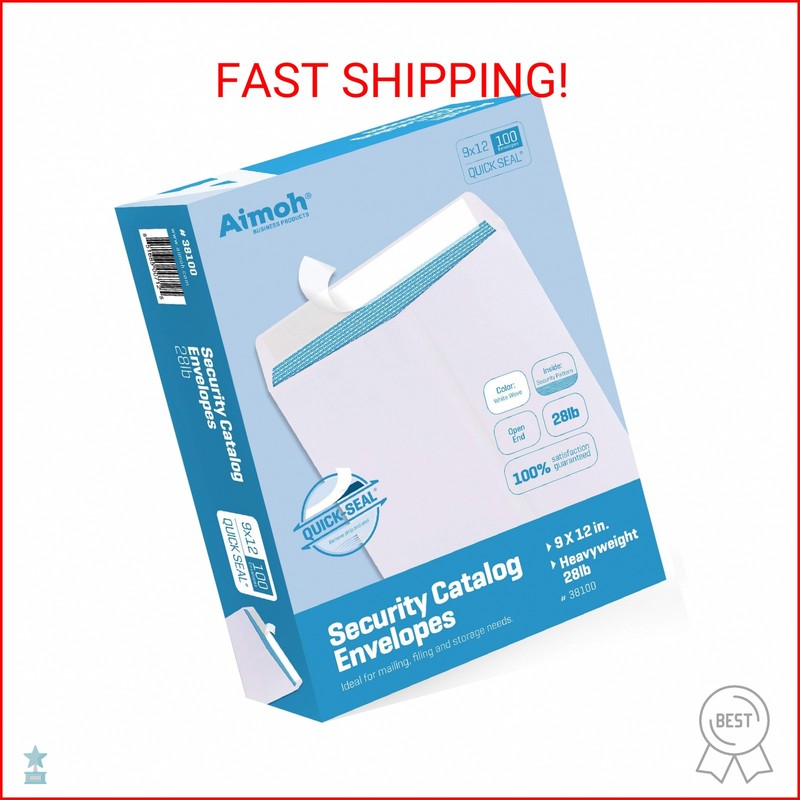 Aimoh 100 9 x 12 SELF Seal Security White Catalog Envelopes – 28lb – Security Ti