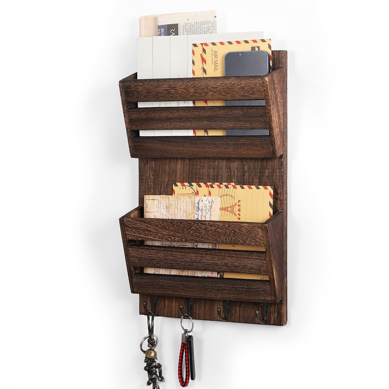 MOOACE Mail Organizer Wall Mount with Key Hooks, 2-Slot Wood Mail & Key Holder
