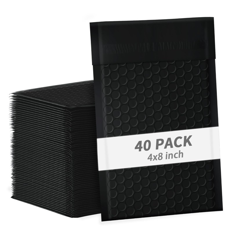 Bubble Mailers 4×8 Inch, 40 Pack, Self Seal Poly Envelopes, Black