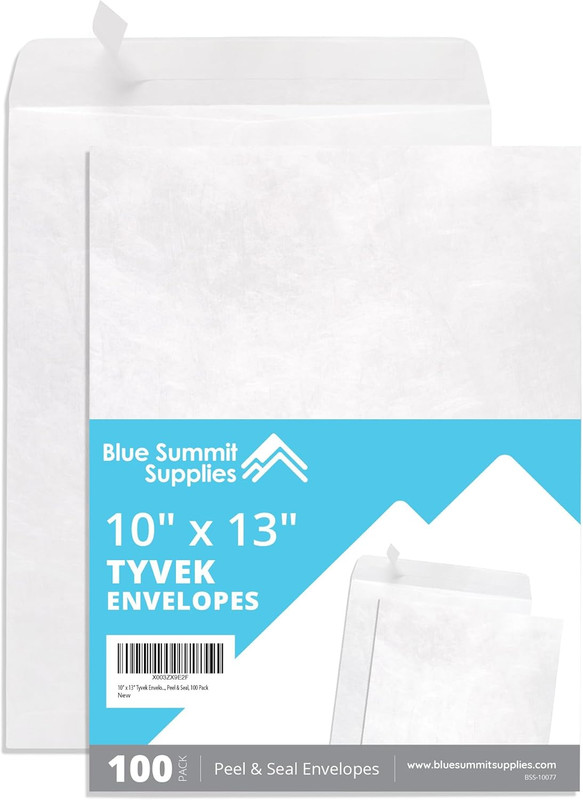 Blue Summit 100 Tyvek Envelopes 10X13, Large 10X13 Envelopes Self Seal, White Ty