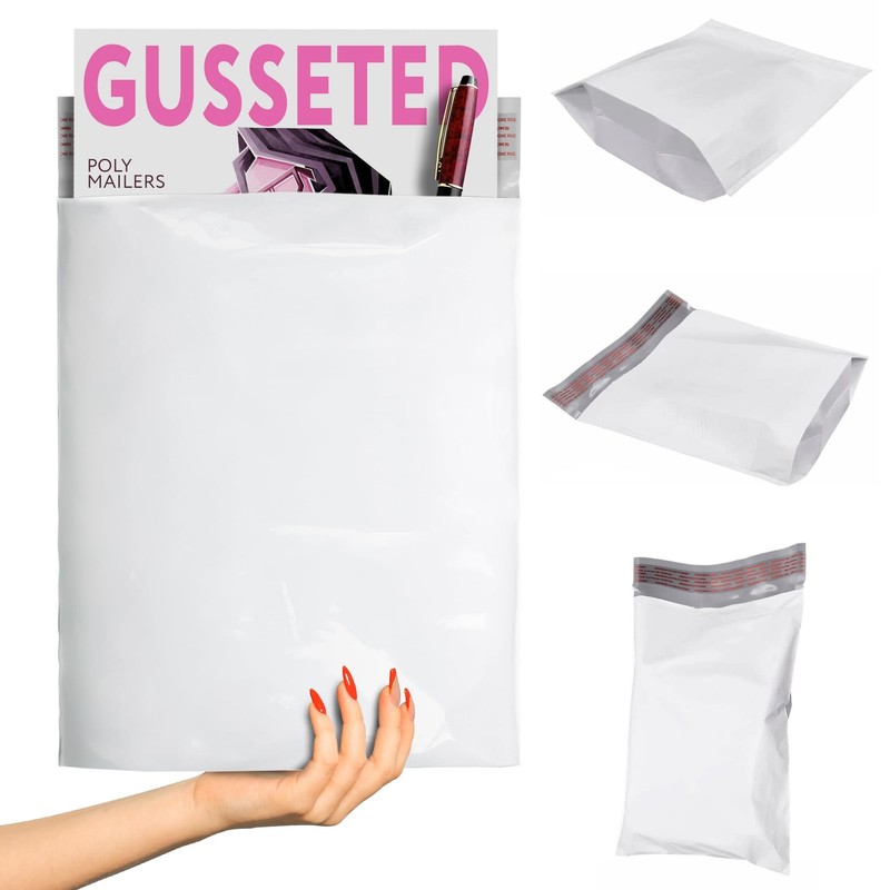 White Gusseted Poly Mailers, 10 x 13 x 2 Inch. Pack of 50 Expansion Poly Mail…