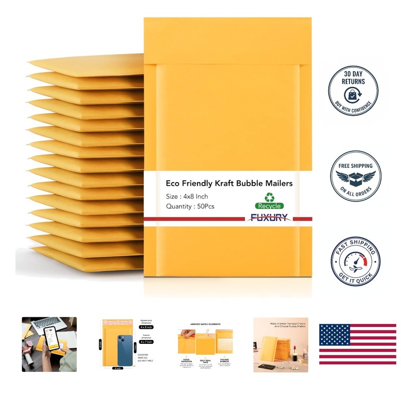 Kraft Padded Bubble Mailers 4×8” – 50 Pack – Lightweight, Tear-Resistant Mailers