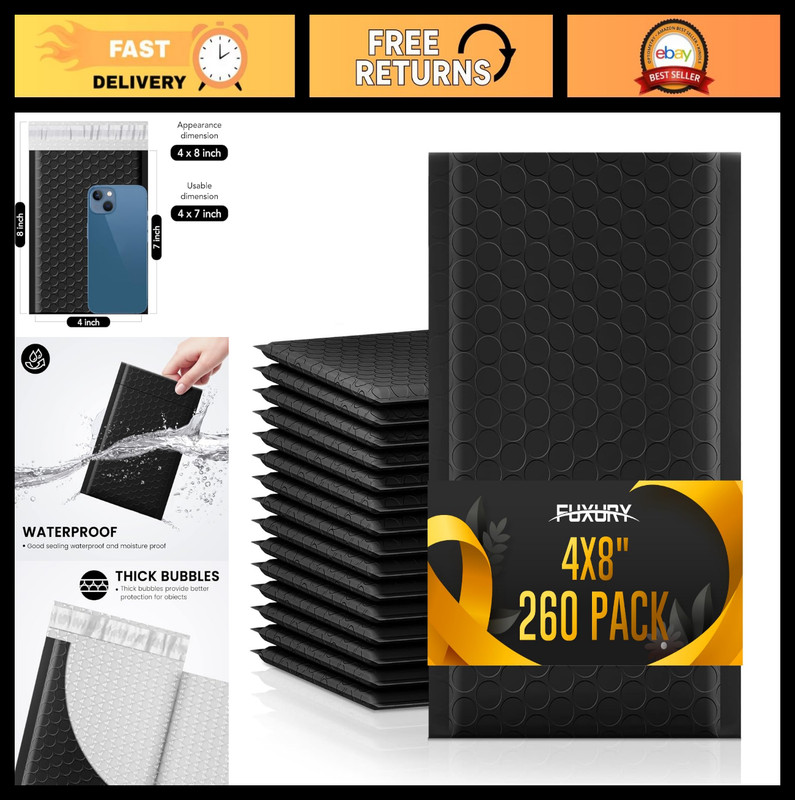 260 Pack Black Bubble Mailers 4×8″ Self-Seal Padded Envelopes for Shipping