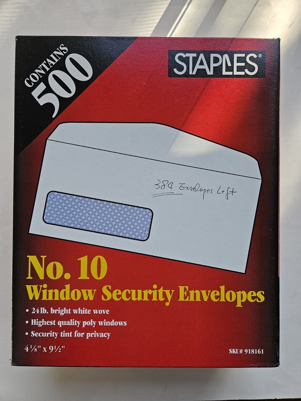 Staples #10 Single Window Security Envelope / Made in USA 4 1/8″ x 9 1/2 “