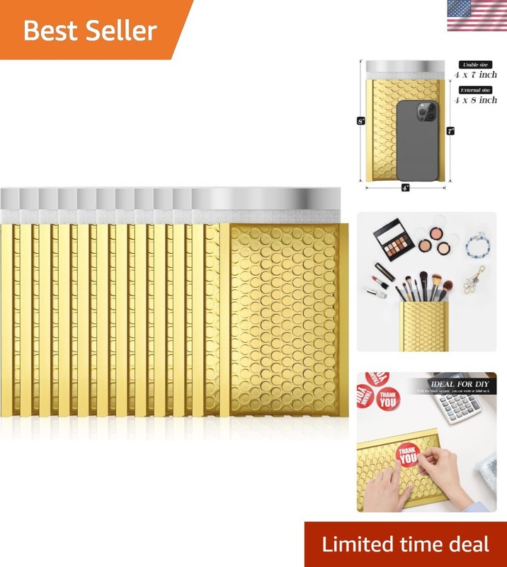 Gold Bubble Mailers 4×8″ – 50 Pack Self-Sealing Waterproof Envelopes for Gifts