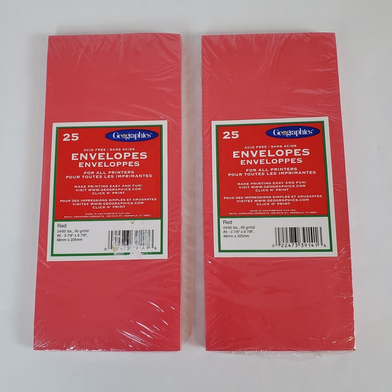 Geographics Red Envelopes #9 [3 7/8″ x 8 7/8″] NEW x2 Packs of 25 (50 Total)
