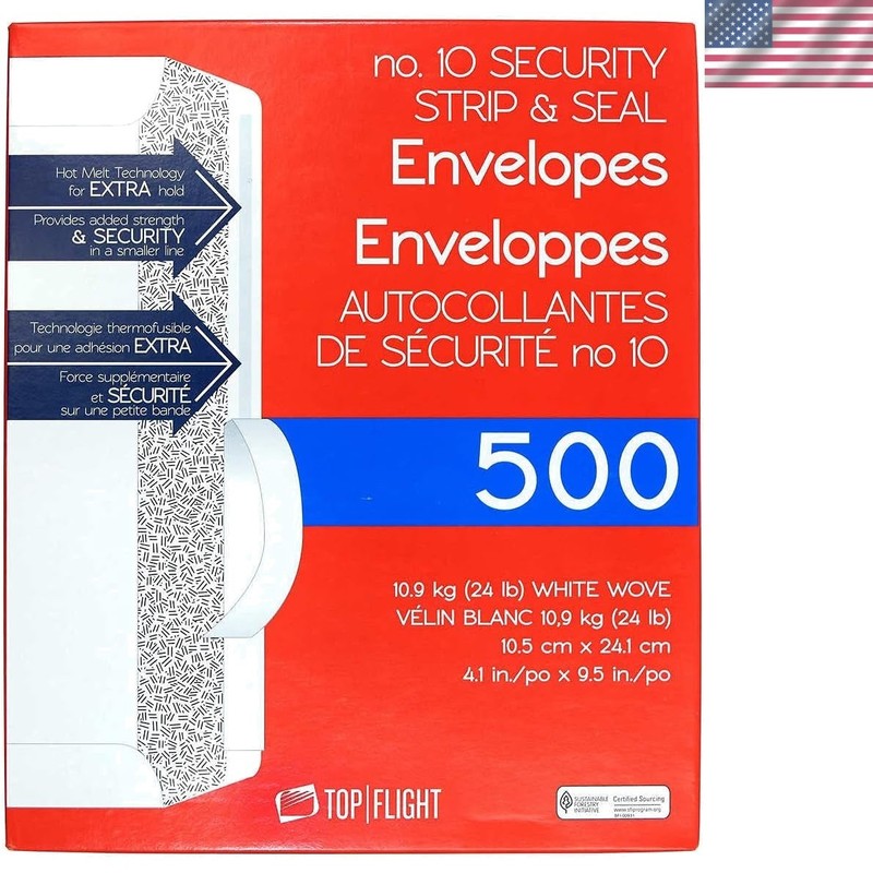 Top Flight #10 Envelopes, 500 Count, Heavyweight 24 lb, for Secure Mailings
