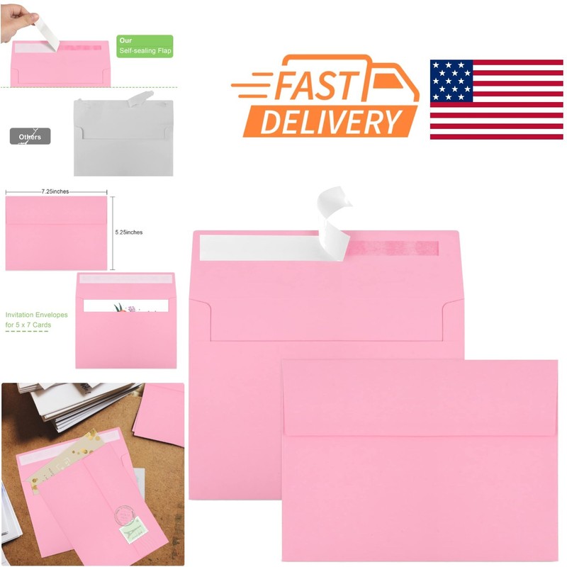 50 Pack A7 5×7 Pink Envelopes Self Seal for Invitations and Greeting Cards