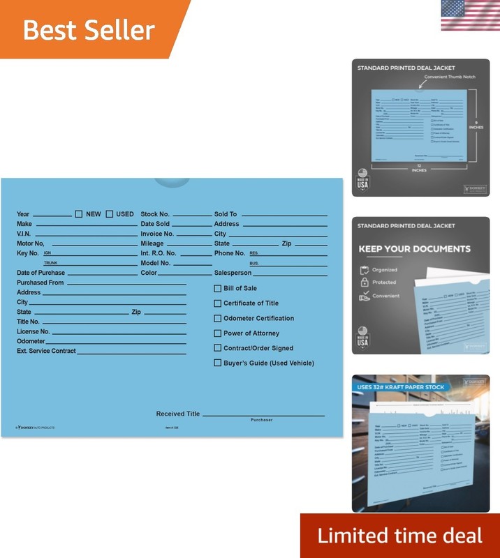 Printed Vehicle Deal Envelopes 9×12 Deal Jackets 100 shrink wrapped Blue