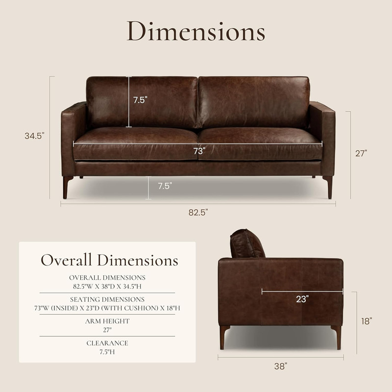 Mateo 82” Sofa – Chocolate Brown Full-Grain Pure-Aniline Italian Leather, Feathe gallery