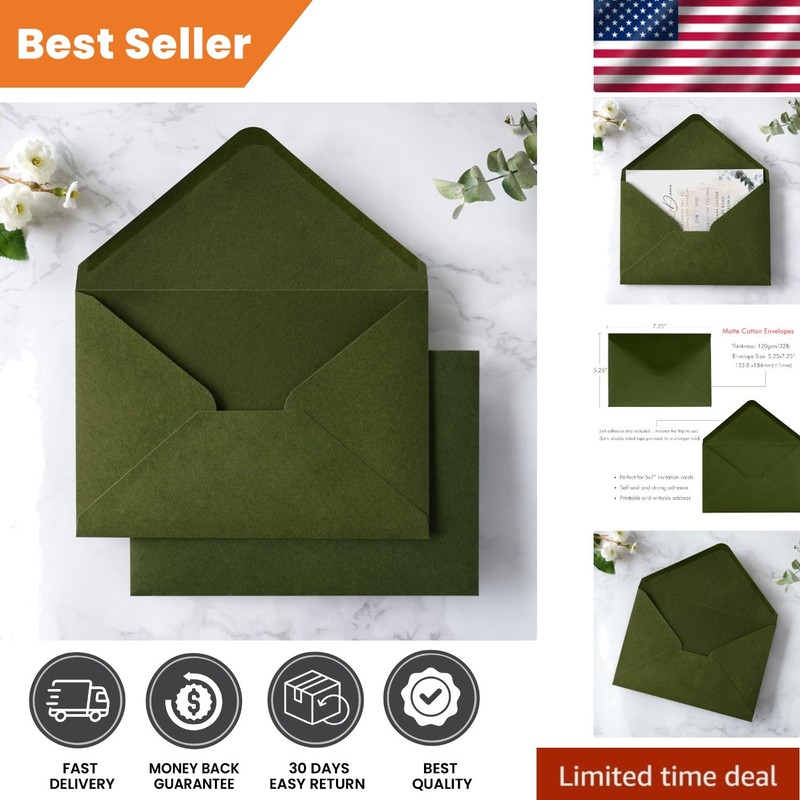 Self-Seal 50 Pack Olive Green 5×7 Envelopes – Ideal for Weddings & Events