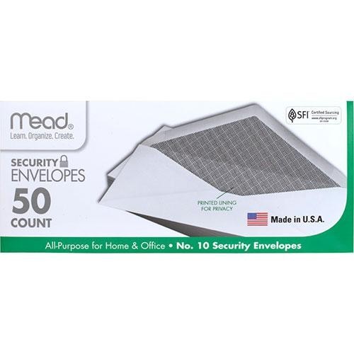 Mead Plain #10 White Security Envelope 50/Pk Moisten Seal School Office Home