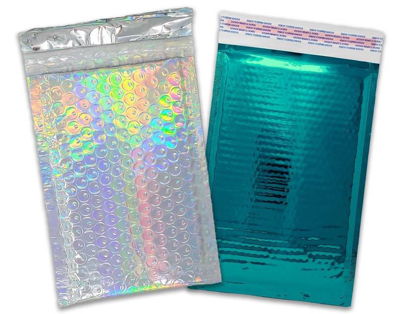 4X8 Metallic Bubble Mailers,Teal, Holographic Padded Shipping Mailing Envelopes