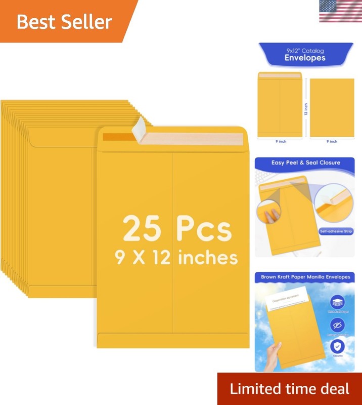 25 Self-Sealing 9×12 Envelopes – Tear Resistant Kraft Paper for Business Mailing