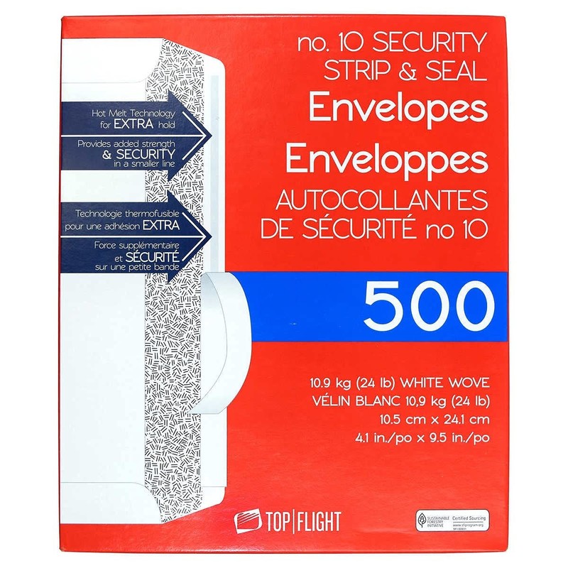 Top Flight PSTF10NWT #10 Envelopes, Strip & Seal, Security Tinted, White Pape…
