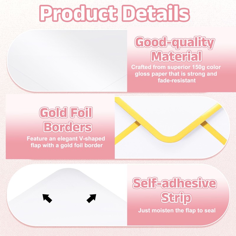 50 Pcs A7 7.3x5.3" Gold Border Envelopes for Wedding Invitation, White gallery