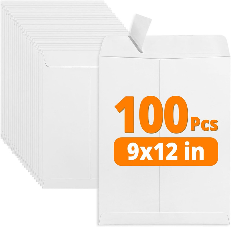 9×12 Self Seal Catalog Envelopes 100 Pack White Kraft 28LB
