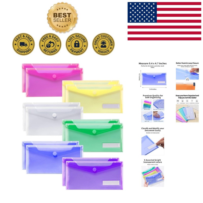 Vibrant 12-Pack Money and Pencil Envelopes with Label Pocket – 9.4×4.7 Inches