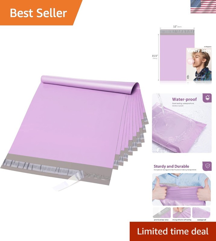 100 Light Purple Poly Mailers 12×15.5” – Waterproof Self-Seal Shipping Bags