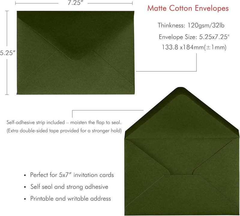Self-Seal 50 Pack Olive Green 5x7 Envelopes - Ideal for Weddings & Events gallery