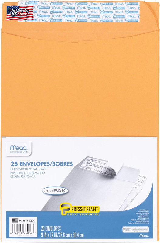 Mead Envelopes, Letter Size 9" X 12", Press-It Seal-It Self Adhesive Closure, Br