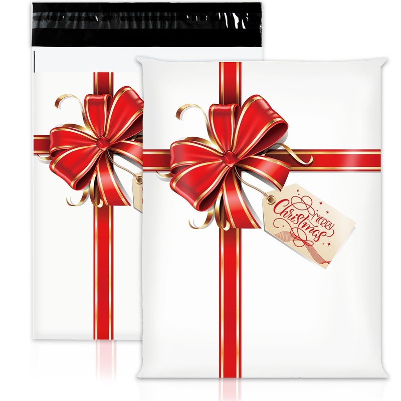 100Pcs Christmas Poly Mailers 10 x 13 Inch Xmas Red Bow Packaging Bags Self S…